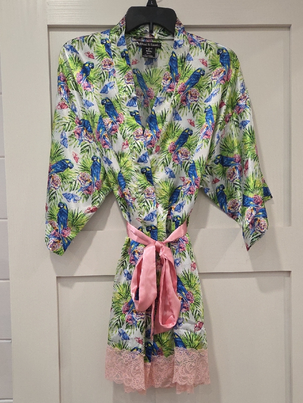 Tropical Parrot Satin Robe with Pink Tie and Lace
